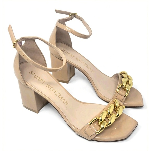 Stuart Weitzman Shoes - Stuart Weitzman Patent Leather Chain Detail Sandals Block Heel Minimalist Sz 8